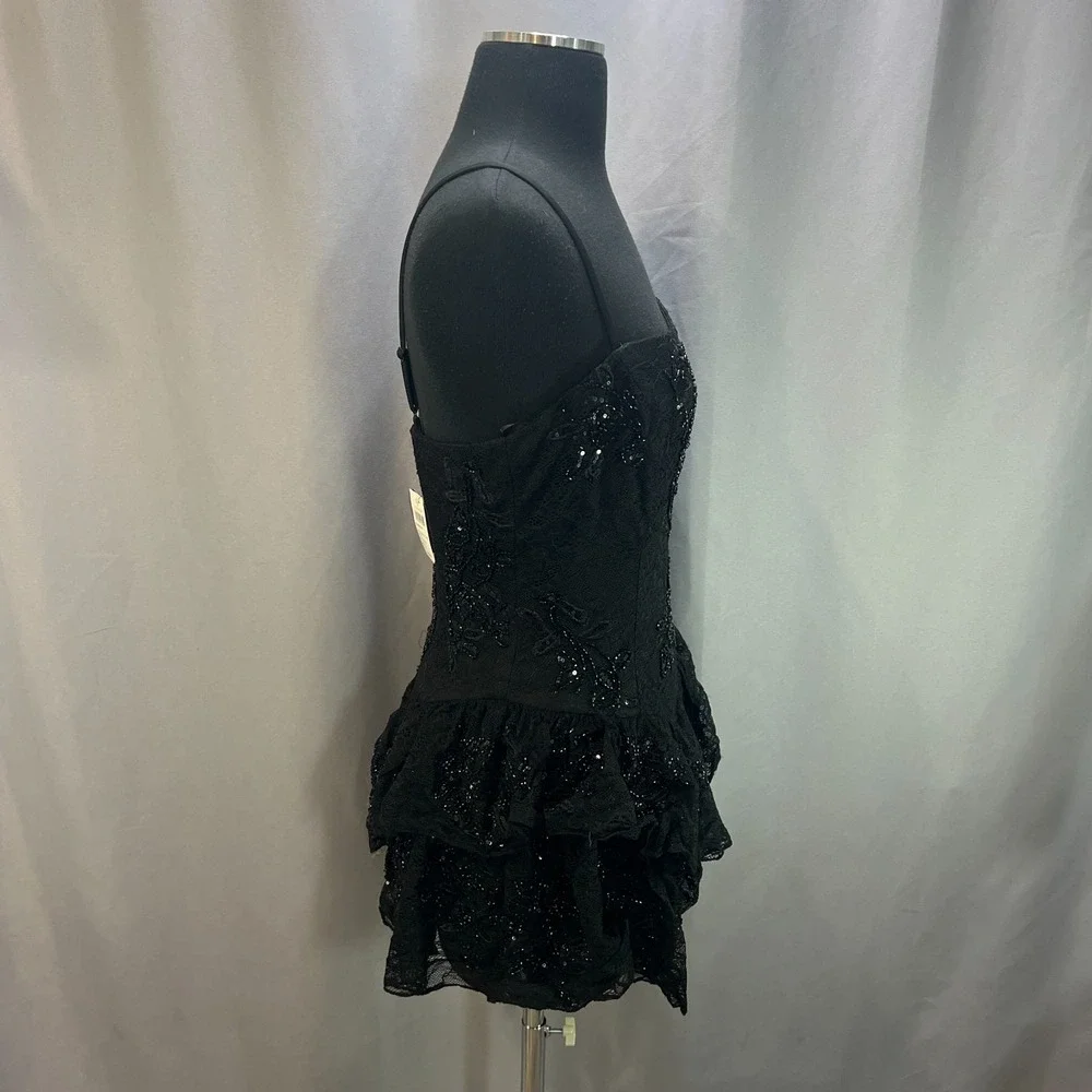 Windsor Midnight Magic Mini Dress Women Large Black Sequin Lace Spaghetti Straps